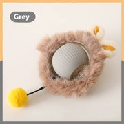 Grey interactive rolling ball toy with fuzzy cover and yellow pom-pom for cats and dogs entertainment